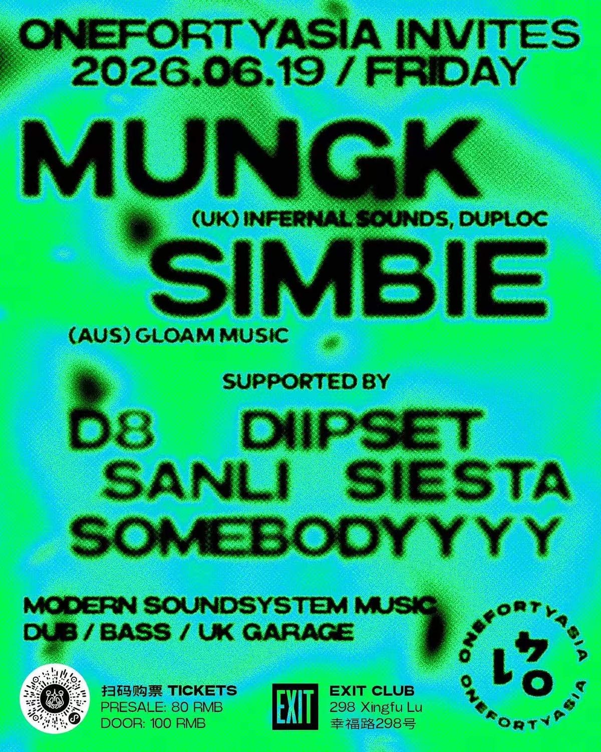 ONEFORTYASIA Pres. MUNGK (UK) & SIMBIE (AU) event poster or Shanghai Rave Index preview